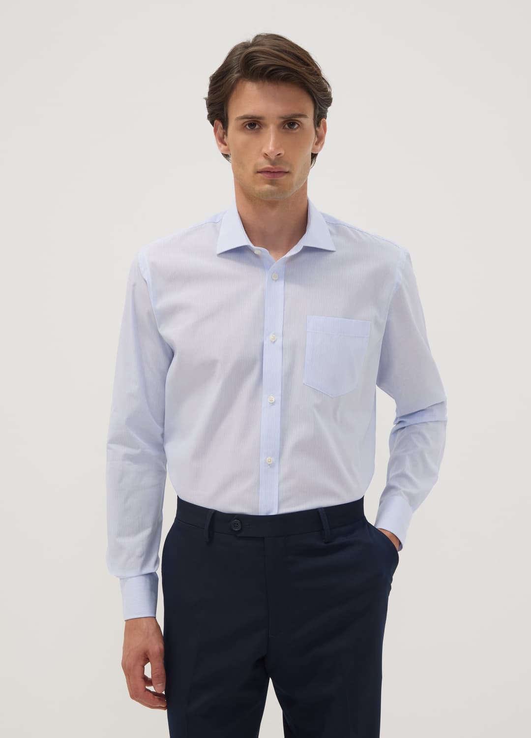 Camicia Azzurra In Misto Cotone A Righe Sottili Easy Iron Regular Fit | OVS Camicia Azzurra In Misto Cotone A Righe Sottili Easy Iron Regular Fit - 0 | OVS
