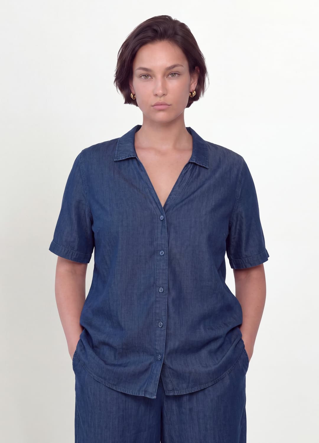 Blaue Kurzarm-bluse Aus Reinem Lyocell | OVS Blaue Kurzarm-bluse Aus Reinem Lyocell - 0 | OVS