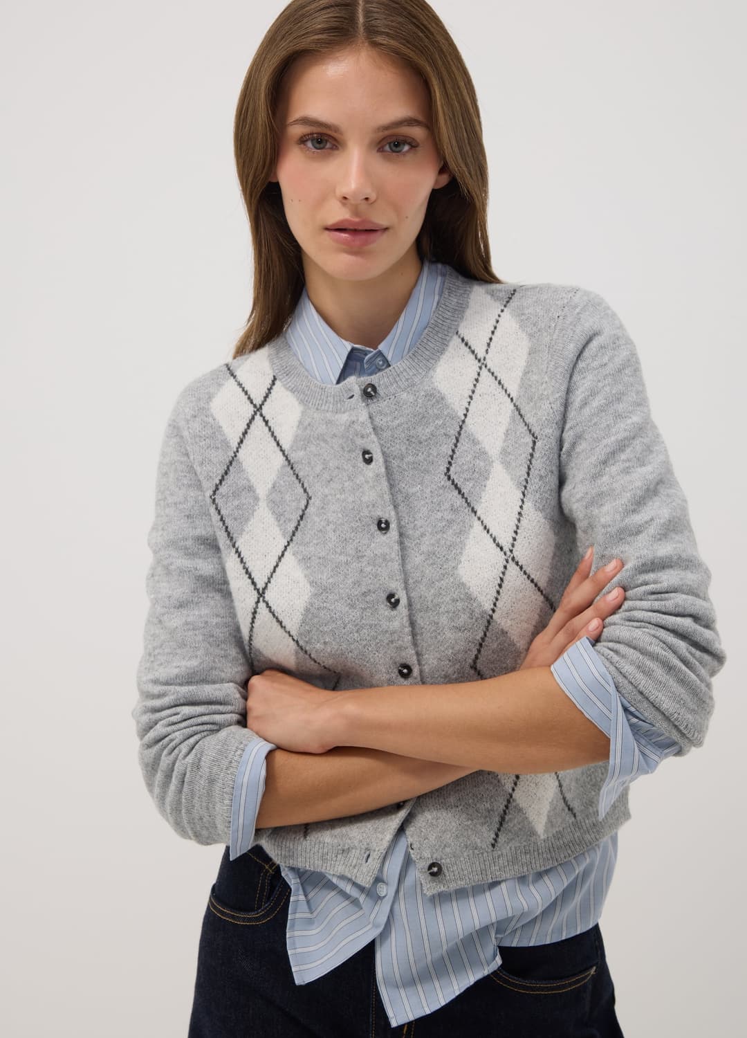 Cardigan Grigio In Lana Elasticizzata Jacquard Girocollo Regular Fit | OVS Cardigan Grigio In Lana Elasticizzata Jacquard Girocollo Regular Fit - 0 | OVS