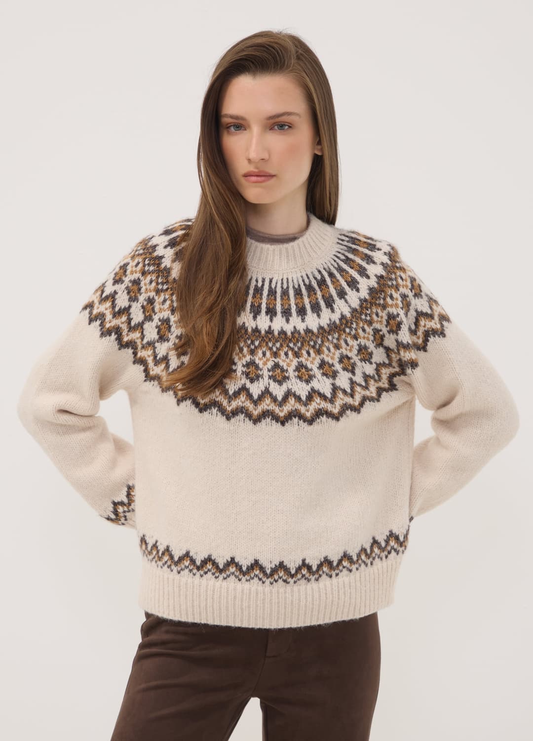 Beiger Jacquard-pullover Mit Stehkragen | OVS Beiger Jacquard-pullover Mit Stehkragen - 1 | OVS