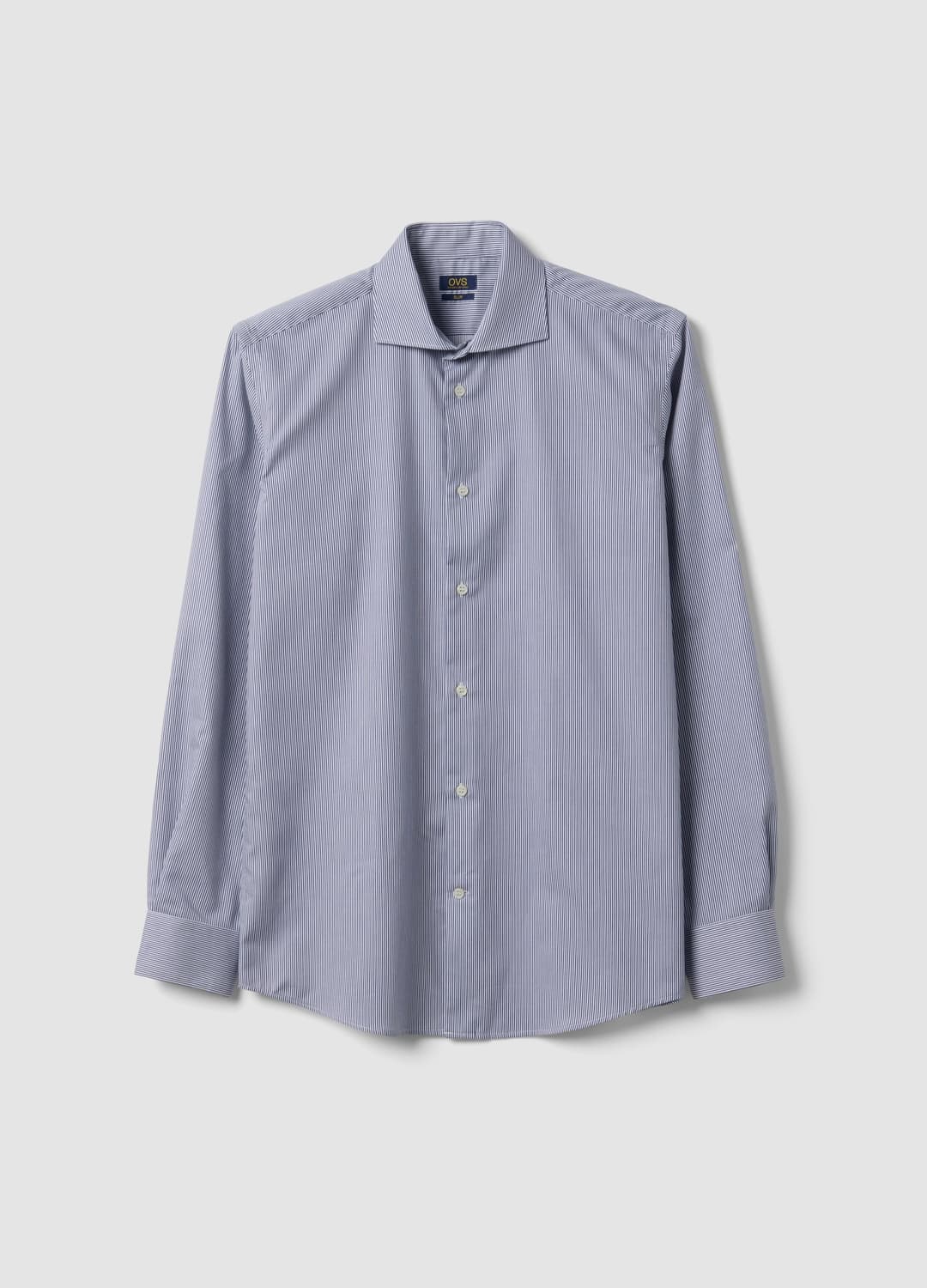 Camicia Blu In Puro Cotone A Righe Con Collo Francese Slim Fit No Iron | OVS Camicia Blu In Puro Cotone A Righe Con Collo Francese Slim Fit No Iron - 4 | OVS