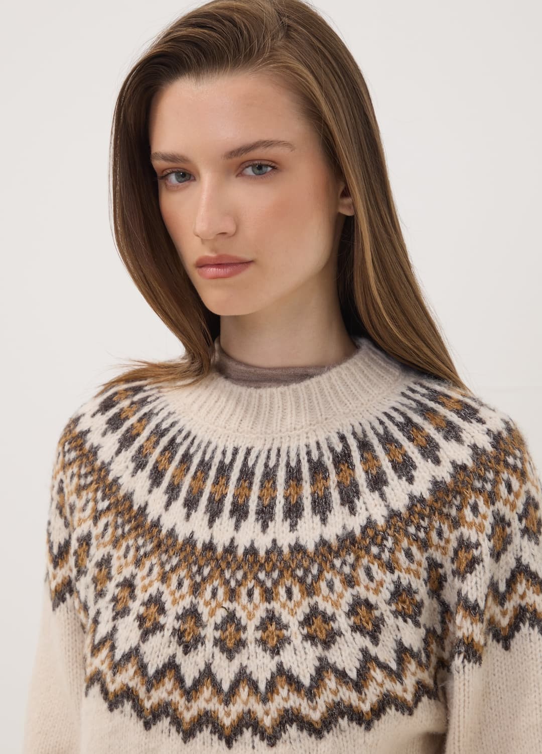 Beiger Jacquard-pullover Mit Stehkragen | OVS Beiger Jacquard-pullover Mit Stehkragen - 0 | OVS
