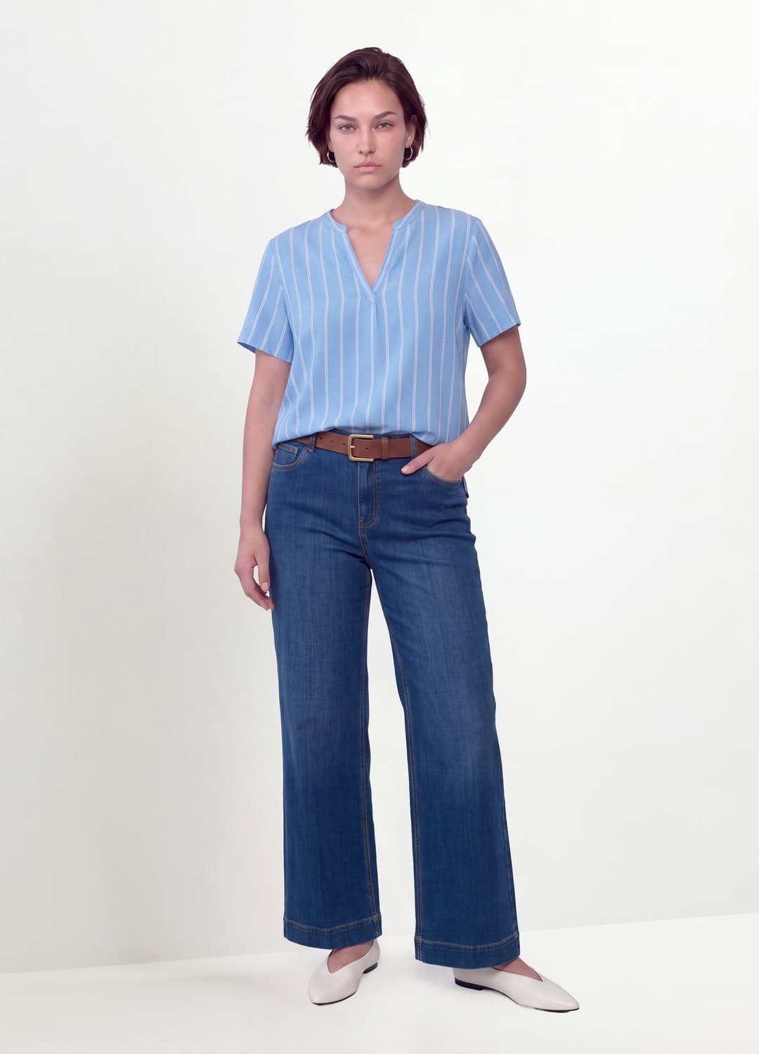 Blusa Azzurra A Righe In Pura Viscosa Con Collo Coreano Regular Fit | OVS Blusa Azzurra A Righe In Pura Viscosa Con Collo Coreano Regular Fit - 0 | OVS