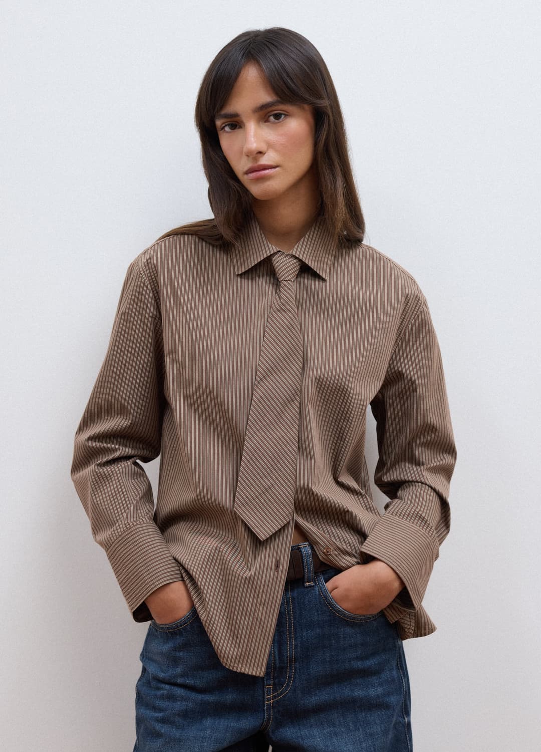 Camicia Marrone A Righe In Cotone Elasticizzato Con Cravatta Coordinata | OVS Camicia Marrone A Righe In Cotone Elasticizzato Con Cravatta Coordinata - 0 | OVS