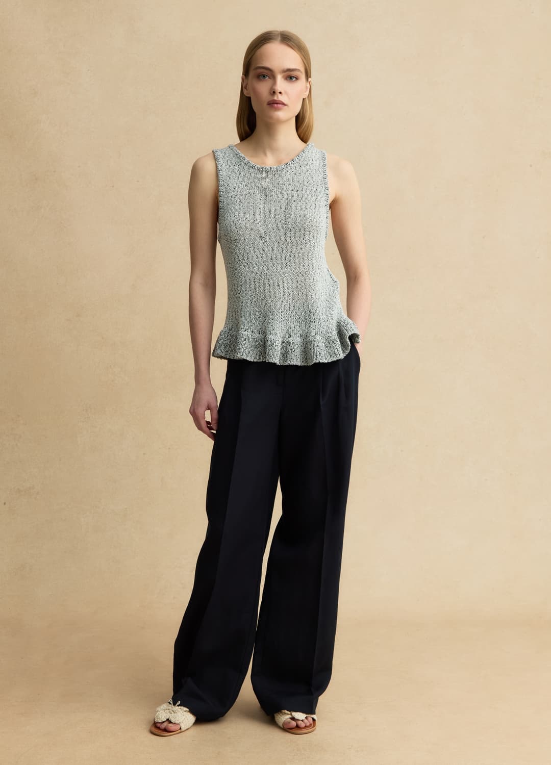 Black And White Regular Fit Knit Top With Frill | OVS Black And White Regular Fit Knit Top With Frill - 1 | OVS