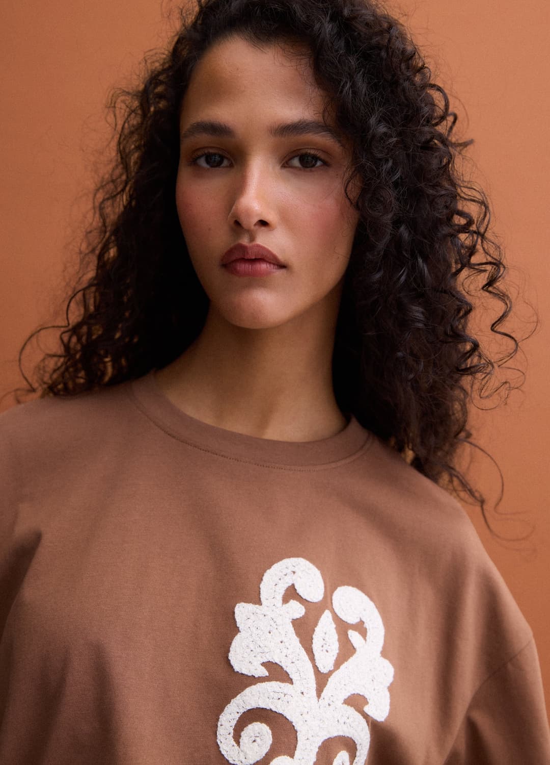 Braunes T-shirt Aus Reiner Baumwolle Mit Stickereien | OVS Braunes T-shirt Aus Reiner Baumwolle Mit Stickereien - 0 | OVS