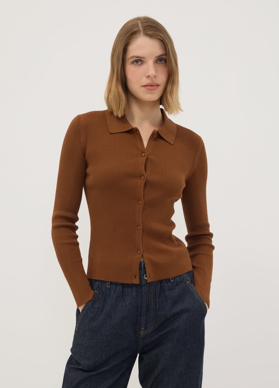 Cardigan Fitted Marrone A Coste In Misto Viscosa Con Colletto Polo | OVS Cardigan Fitted Marrone A Coste In Misto Viscosa Con Colletto Polo - 1 | OVS
