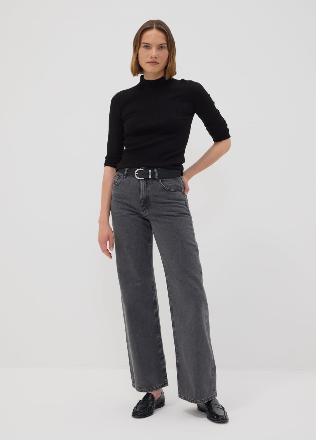 Graue Denim-jeans Aus Reiner Baumwolle Mit High Waist Und Wide Leg | OVS Graue Denim-jeans Aus Reiner Baumwolle Mit High Waist Und Wide Leg - 0 | OVS