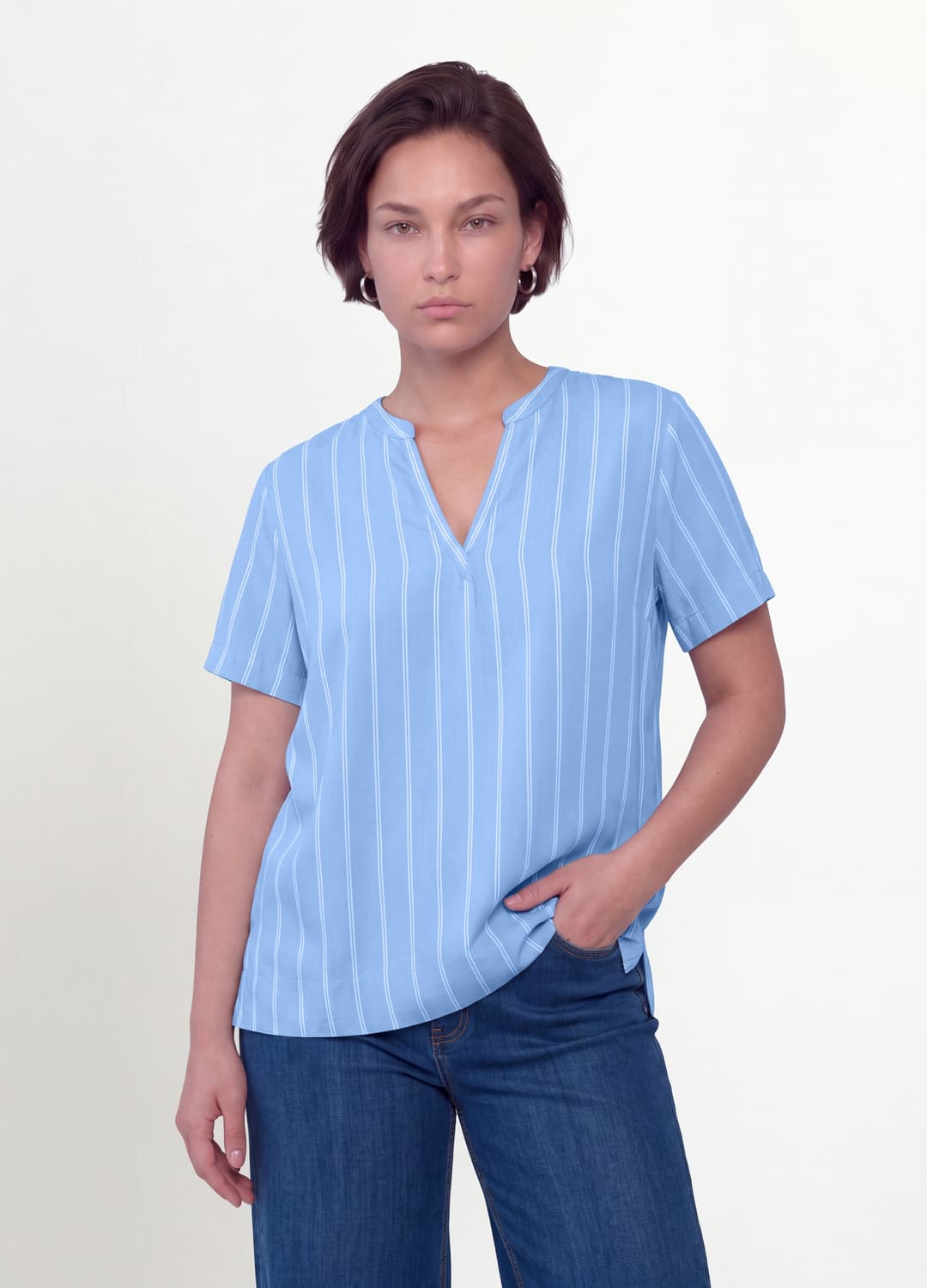 Blusa Azzurra A Righe In Pura Viscosa Con Collo Coreano Regular Fit | OVS Blusa Azzurra A Righe In Pura Viscosa Con Collo Coreano Regular Fit - 2 | OVS