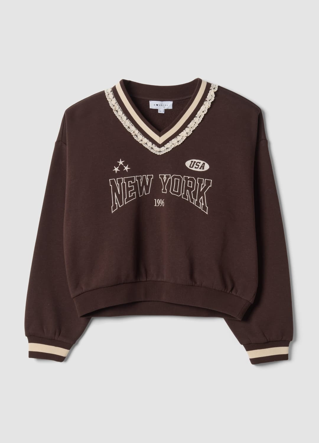 Braunes Sweatshirt Aus Baumwollmix Mit V-ausschnitt Und Spitzendetail | OVS Braunes Sweatshirt Aus Baumwollmix Mit V-ausschnitt Und Spitzendetail - 0 | OVS