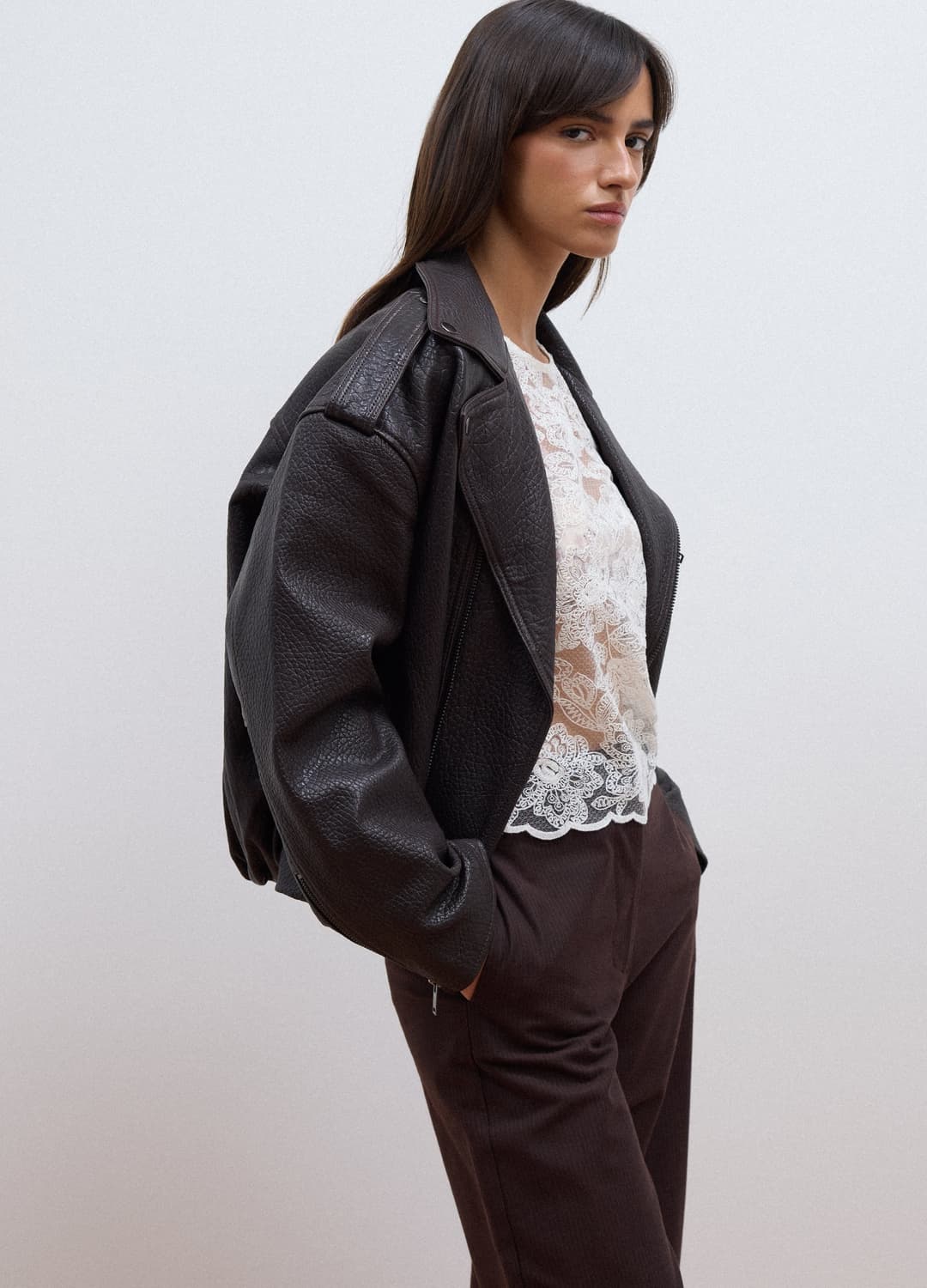 Giacca Biker Marrone In Vera Pelle Over Fit | OVS Giacca Biker Marrone In Vera Pelle Over Fit - 2 | OVS