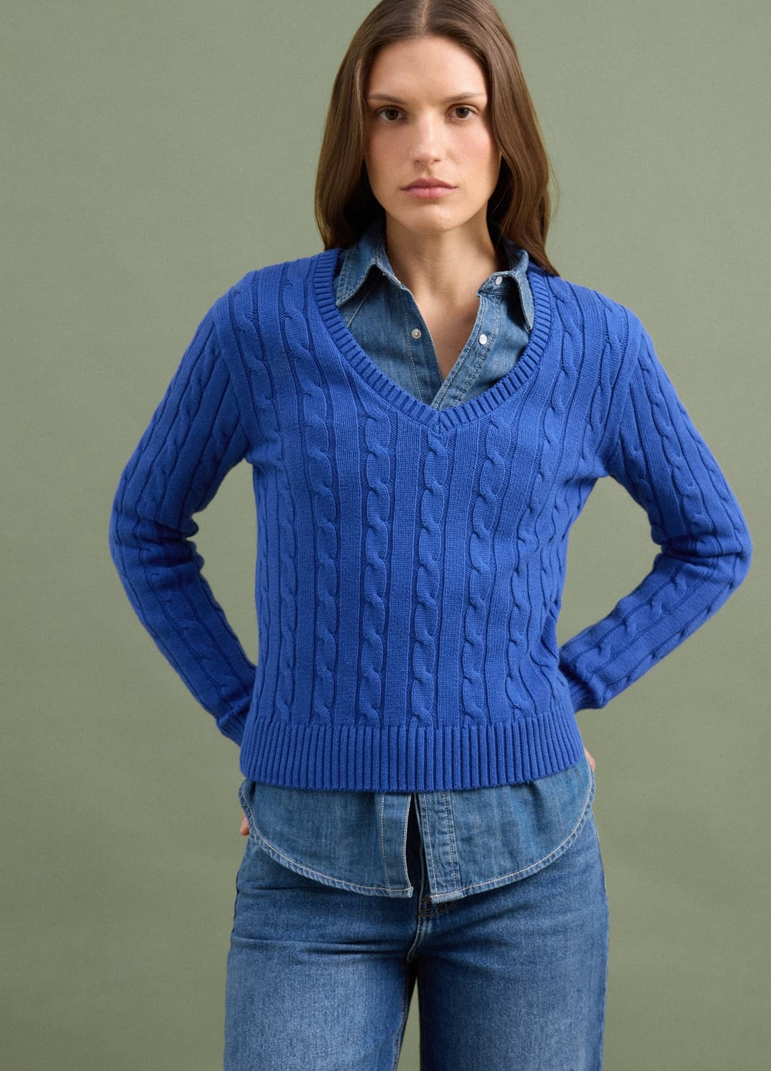 Maglia Blu In Puro Cotone A Trecce Con Scollo Profondo A V | OVS Maglia Blu In Puro Cotone A Trecce Con Scollo Profondo A V - 0 | OVS