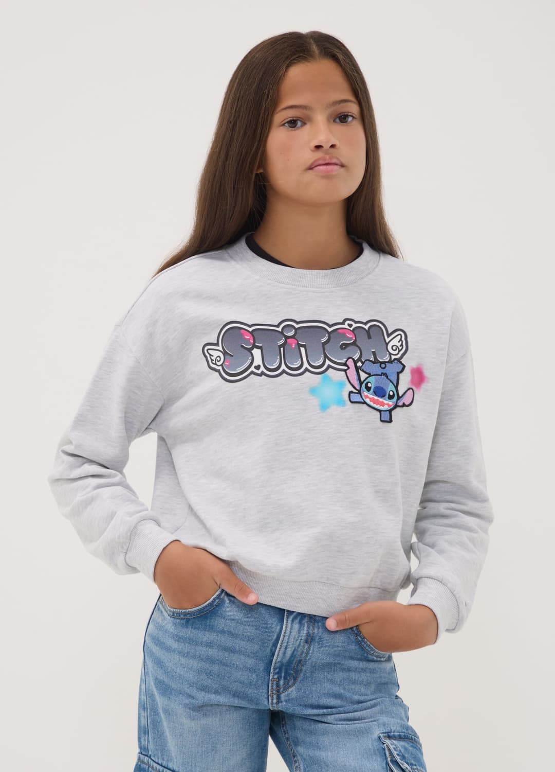 Felpa Grigia In Misto Cotone Con Collo A Costine E Stampa Lilo & Stitch | OVS Felpa Grigia In Misto Cotone Con Collo A Costine E Stampa Lilo & Stitch - 1 | OVS