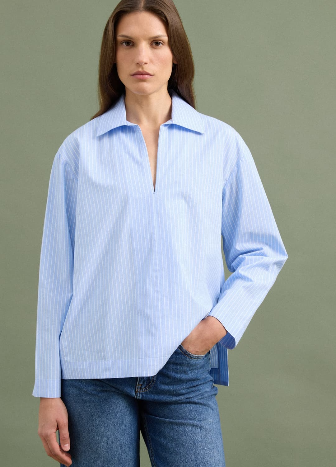 Camicia Azzurra A Righe In Popeline Di Puro Cotone Con Scollo A V | OVS Camicia Azzurra A Righe In Popeline Di Puro Cotone Con Scollo A V - 0 | OVS