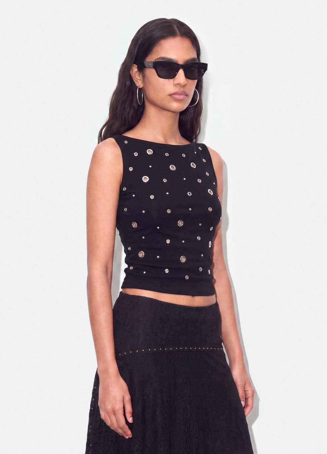 Top Nero In Cotone Elasticizzato Con Occhielli Metallici Regular Fit | OVS Top Nero In Cotone Elasticizzato Con Occhielli Metallici Regular Fit - 2 | OVS