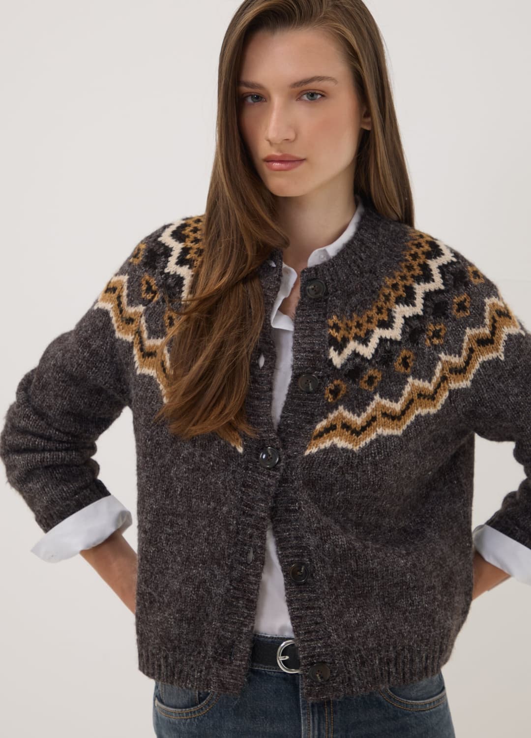 Cardigan Grigio Girocollo Con Fantasia Jacquard | OVS Cardigan Grigio Girocollo Con Fantasia Jacquard - 0 | OVS
