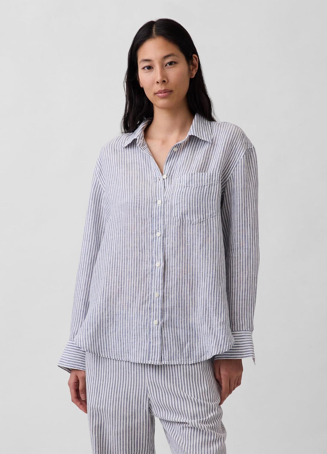 Camicetta da donna a righe, a maniche lunghe, con bottoni, scollo a V, con tasche, elegante, casual, da donna, Arancione, S Camicetta da donna a righe, a maniche lunghe, con bottoni, scollo a V, con tasche, elegante, casual, da donna, Arancione, S