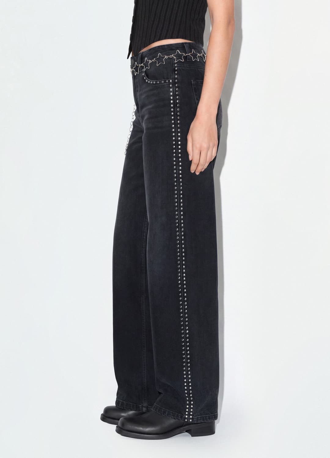 Schwarze Wide-leg-jeans Aus Reiner Baumwolle Mit Nieten | OVS Schwarze Wide-leg-jeans Aus Reiner Baumwolle Mit Nieten - 3 | OVS