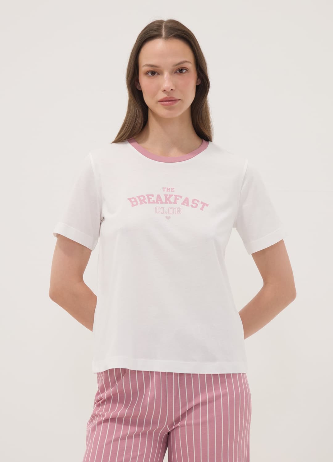 Pigiama Rosa E Bianco In Puro Cotone Organico Con Pantaloni Cropped | OVS Pigiama Rosa E Bianco In Puro Cotone Organico Con Pantaloni Cropped - 1 | OVS