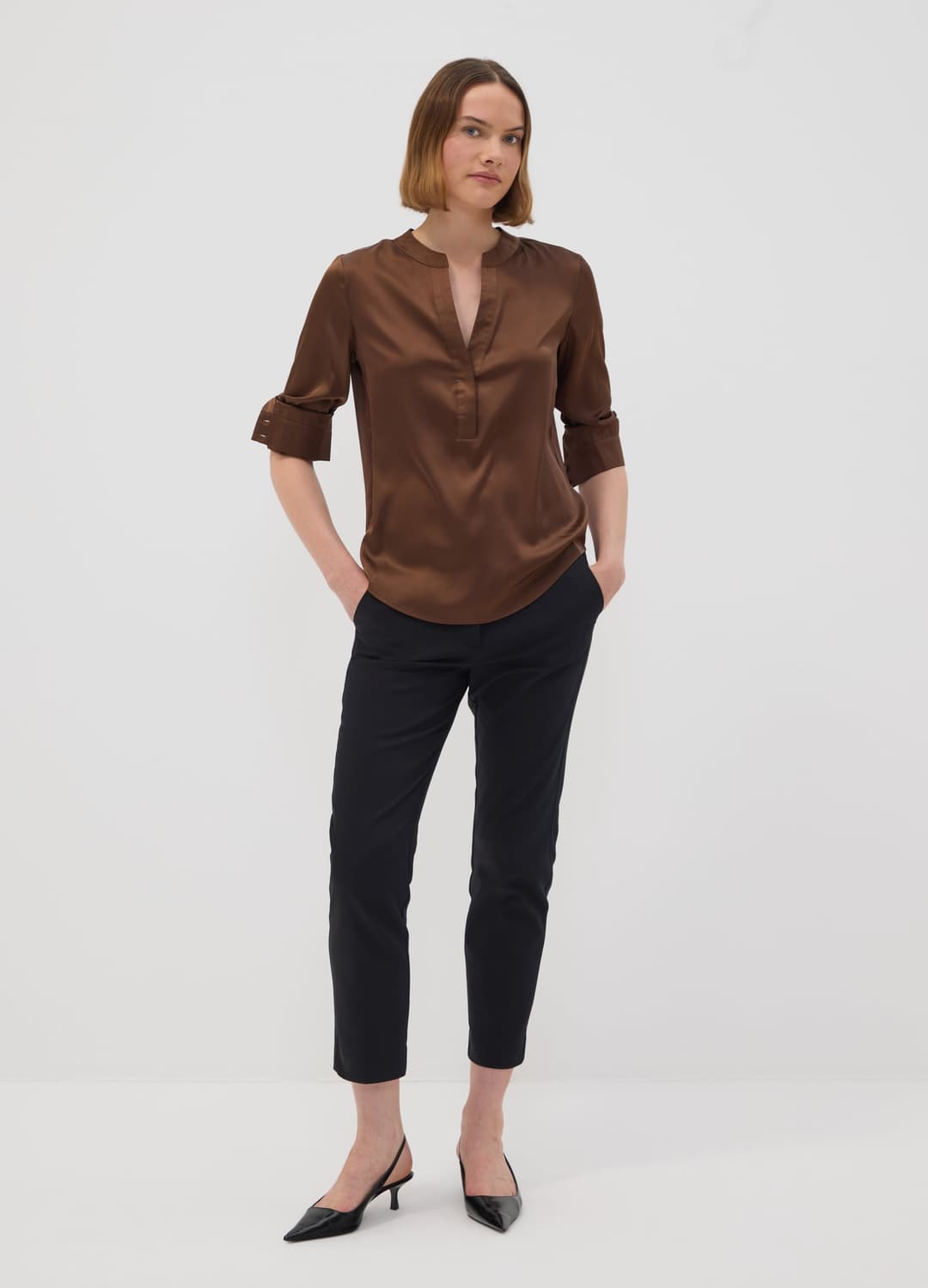 Camicia Marrone In Tessuto Elasticizzato Con Collo Coreano | OVS Camicia Marrone In Tessuto Elasticizzato Con Collo Coreano - 1 | OVS