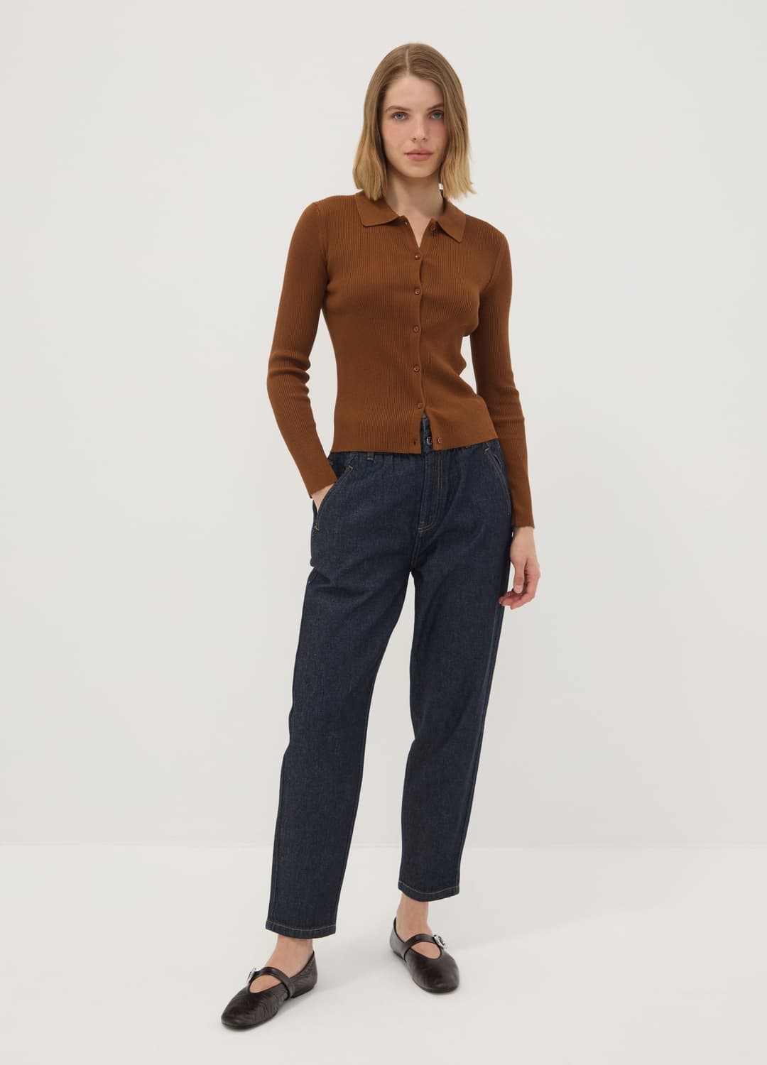 Cardigan Fitted Marrone A Coste In Misto Viscosa Con Colletto Polo | OVS Cardigan Fitted Marrone A Coste In Misto Viscosa Con Colletto Polo - 2 | OVS