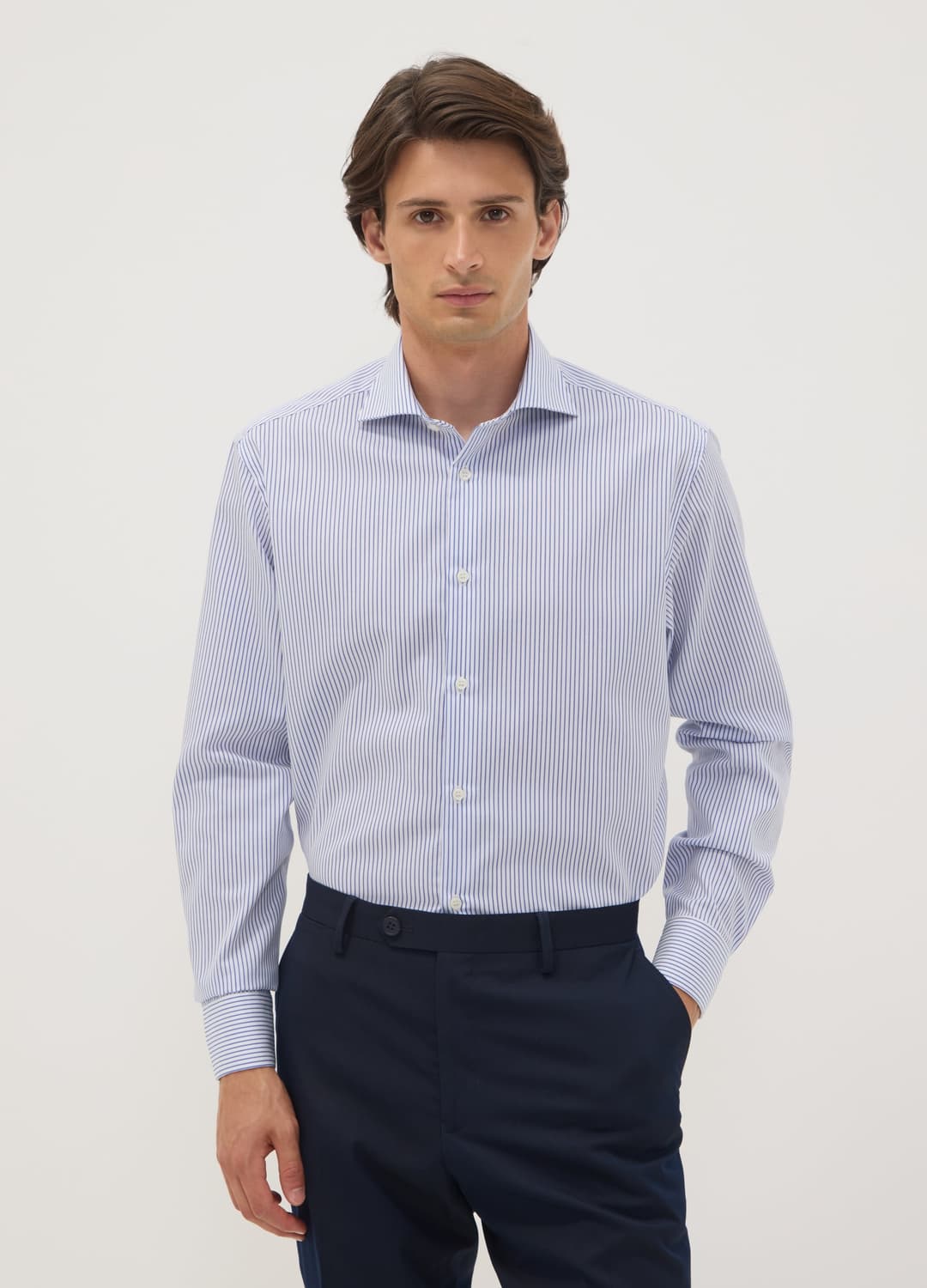 Camicia Azzurra A Righe In Dobby Di Puro Cotone Con Collo Francese No Iron | OVS Camicia Azzurra A Righe In Dobby Di Puro Cotone Con Collo Francese No Iron - 0 | OVS