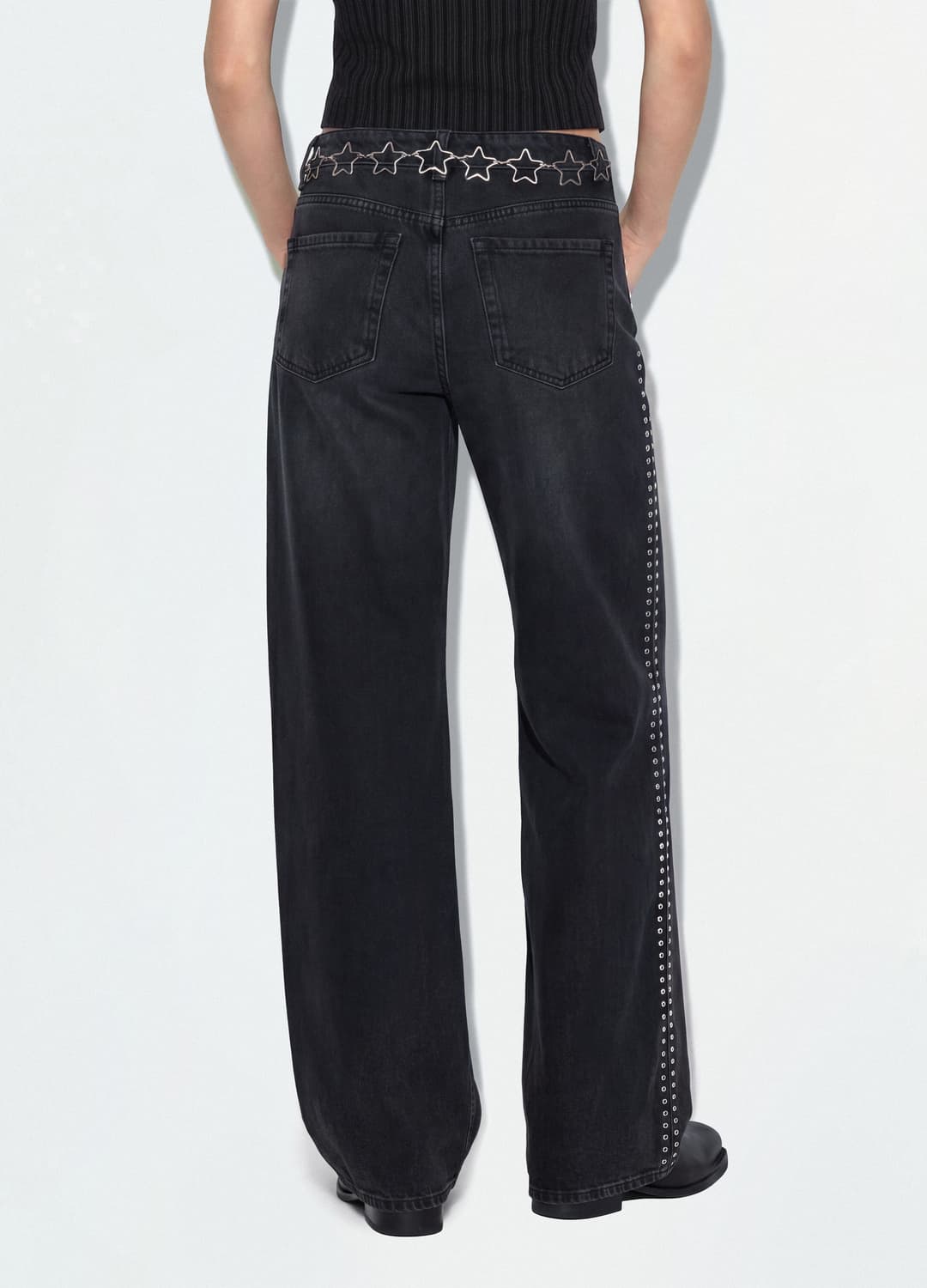 Schwarze Wide-leg-jeans Aus Reiner Baumwolle Mit Nieten | OVS Schwarze Wide-leg-jeans Aus Reiner Baumwolle Mit Nieten - 2 | OVS