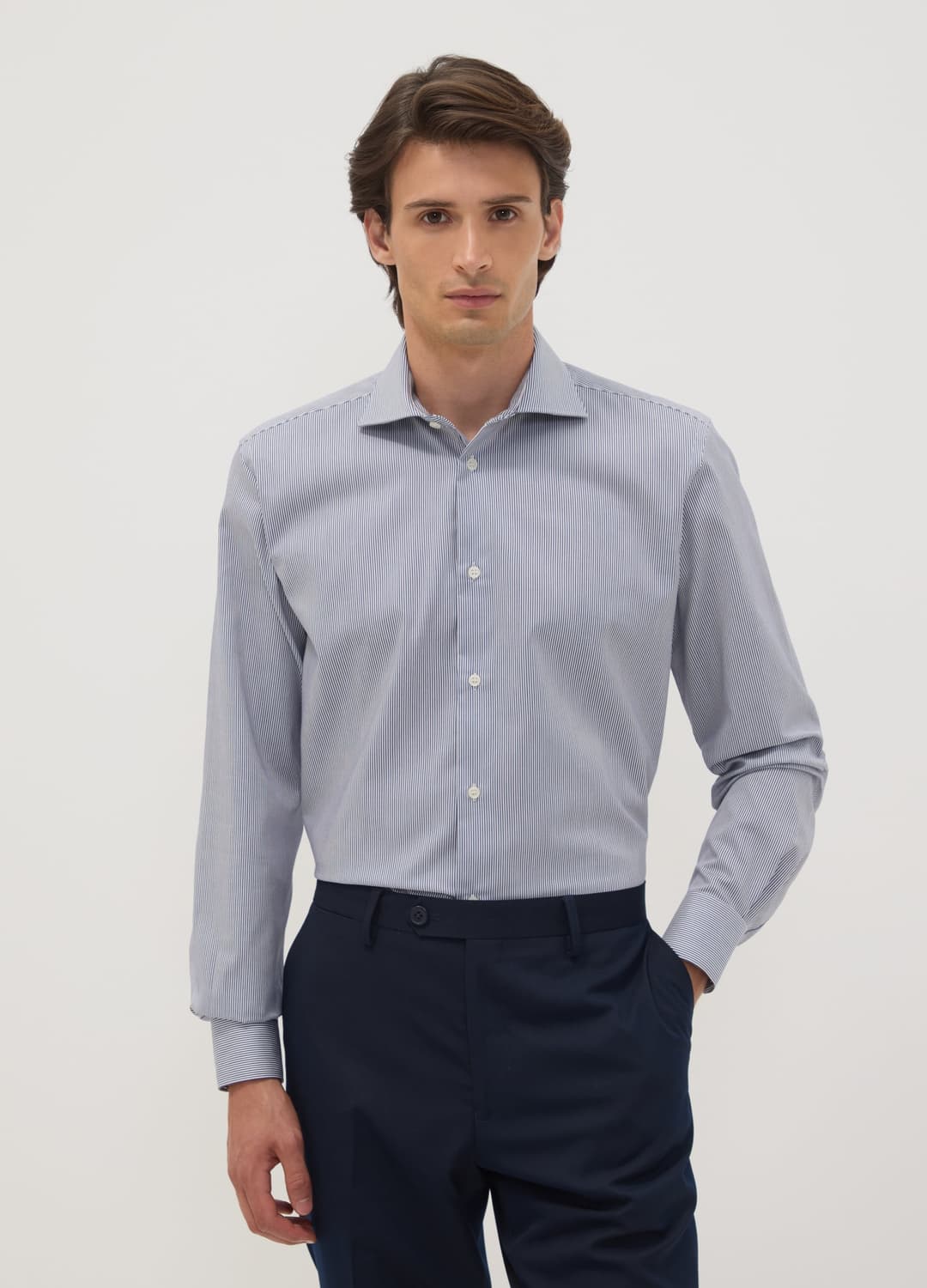 Camicia Blu In Puro Cotone A Righe Con Collo Francese Slim Fit No Iron | OVS Camicia Blu In Puro Cotone A Righe Con Collo Francese Slim Fit No Iron - 0 | OVS