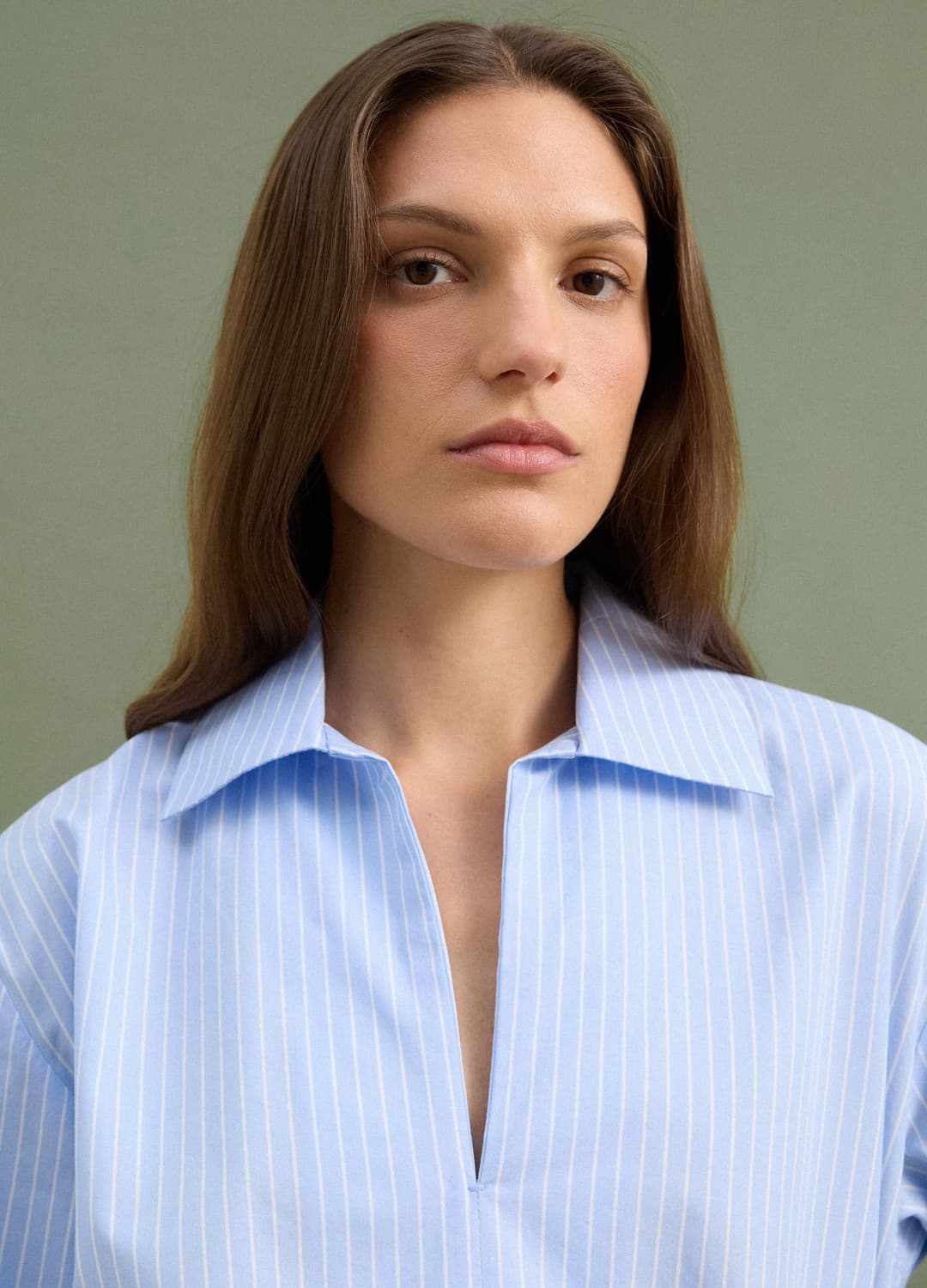 Camicia Azzurra A Righe In Popeline Di Puro Cotone Con Scollo A V | OVS Camicia Azzurra A Righe In Popeline Di Puro Cotone Con Scollo A V - 2 | OVS