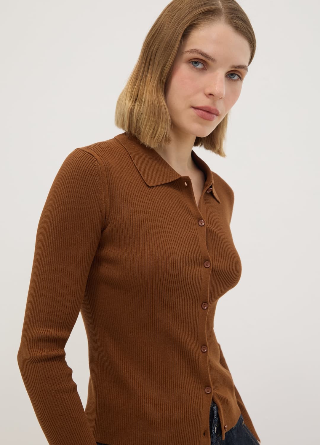 Cardigan Fitted Marrone A Coste In Misto Viscosa Con Colletto Polo | OVS Cardigan Fitted Marrone A Coste In Misto Viscosa Con Colletto Polo - 0 | OVS