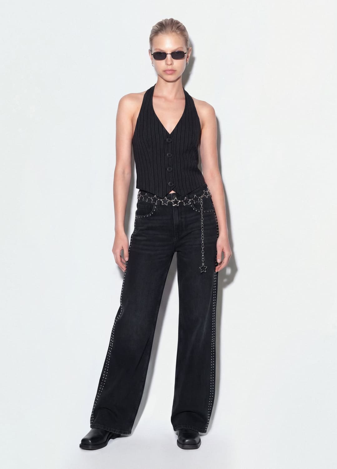 Schwarze Wide-leg-jeans Aus Reiner Baumwolle Mit Nieten | OVS Schwarze Wide-leg-jeans Aus Reiner Baumwolle Mit Nieten - 0 | OVS