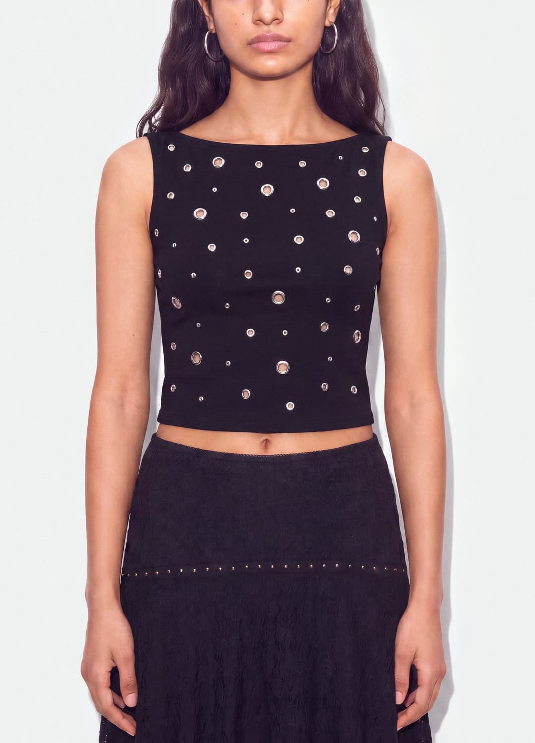 Top Nero In Cotone Elasticizzato Con Occhielli Metallici Regular Fit | OVS Top Nero In Cotone Elasticizzato Con Occhielli Metallici Regular Fit - 3 | OVS