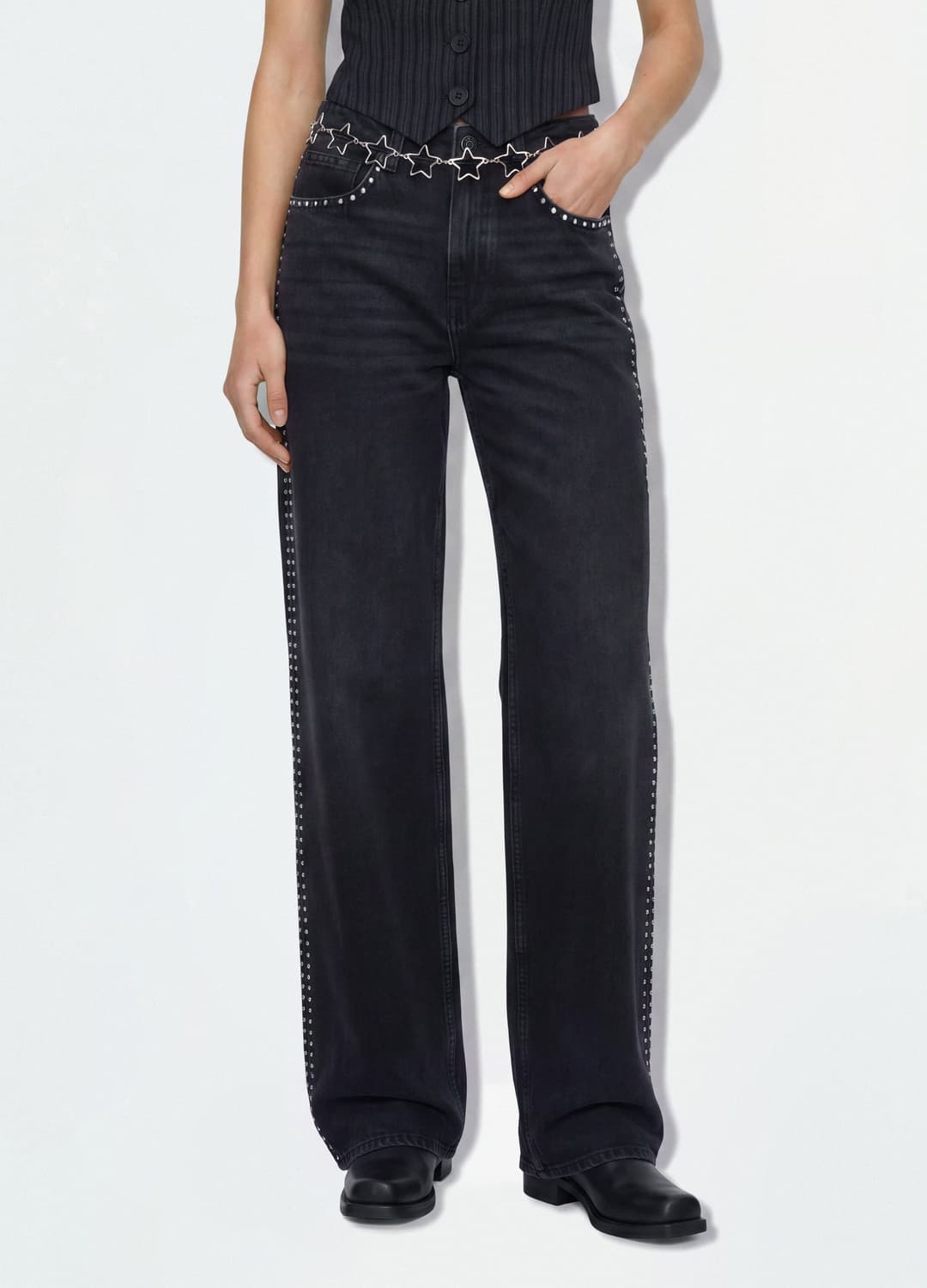 Schwarze Wide-leg-jeans Aus Reiner Baumwolle Mit Nieten | OVS Schwarze Wide-leg-jeans Aus Reiner Baumwolle Mit Nieten - 1 | OVS