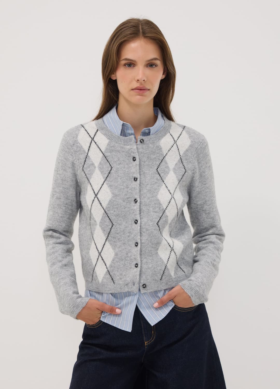 Cardigan Grigio In Lana Elasticizzata Jacquard Girocollo Regular Fit | OVS Cardigan Grigio In Lana Elasticizzata Jacquard Girocollo Regular Fit - 2 | OVS