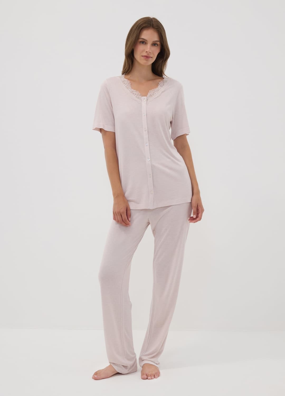 Pigiama Rosa In Pura Viscosa Con Scollo A V In Pizzo Regular Fit | OVS Pigiama Rosa In Pura Viscosa Con Scollo A V In Pizzo Regular Fit - 0 | OVS