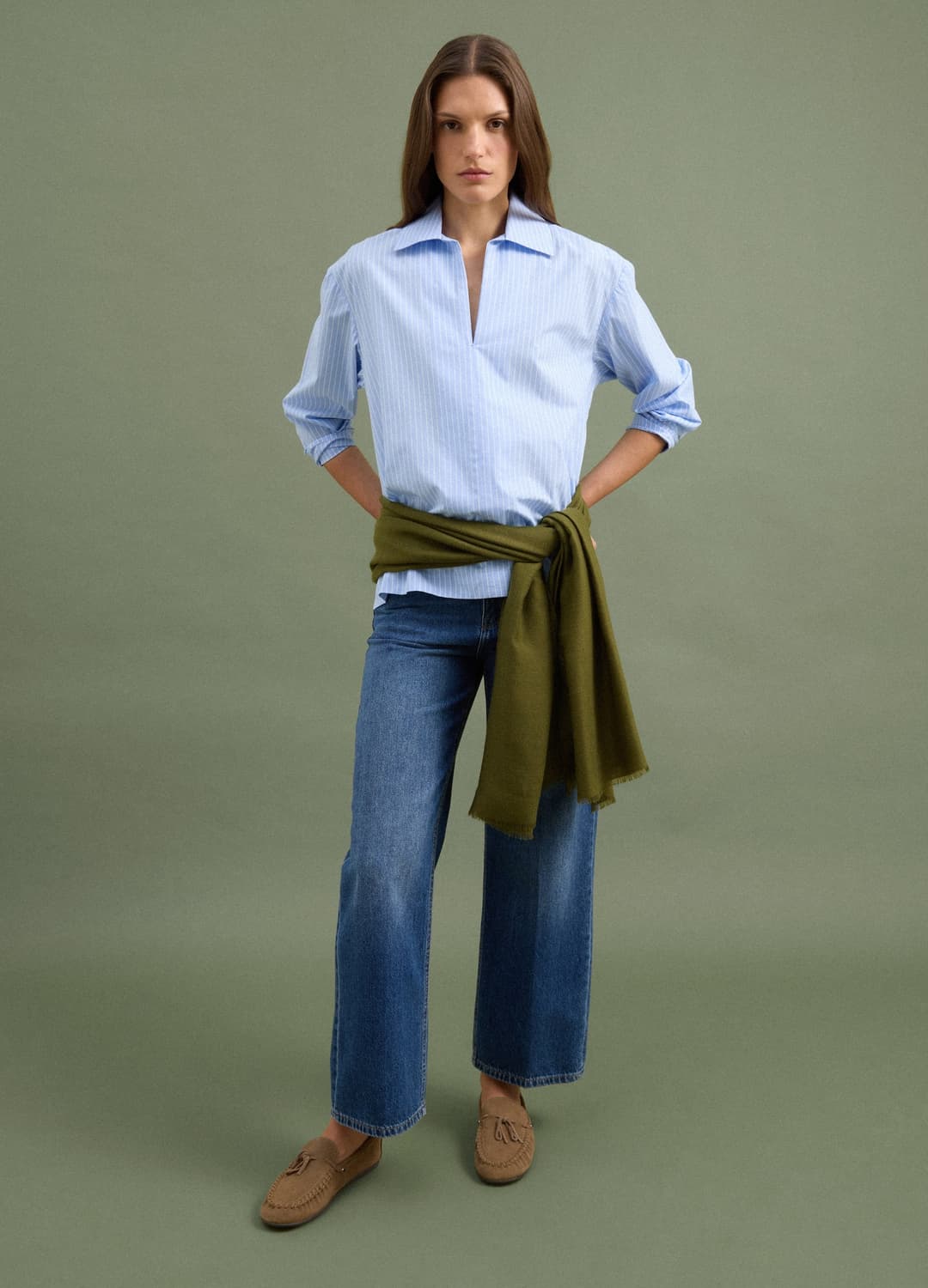 Camicia Azzurra A Righe In Popeline Di Puro Cotone Con Scollo A V | OVS Camicia Azzurra A Righe In Popeline Di Puro Cotone Con Scollo A V - 1 | OVS